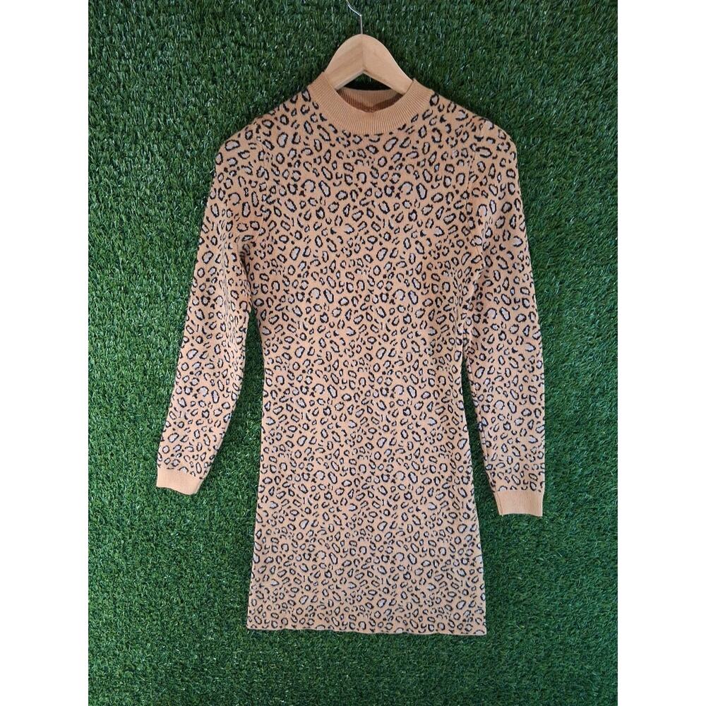 LeRumi Leopard Print Mock Neck Mini Sweater Dress Long Sleeve Brown Black Small